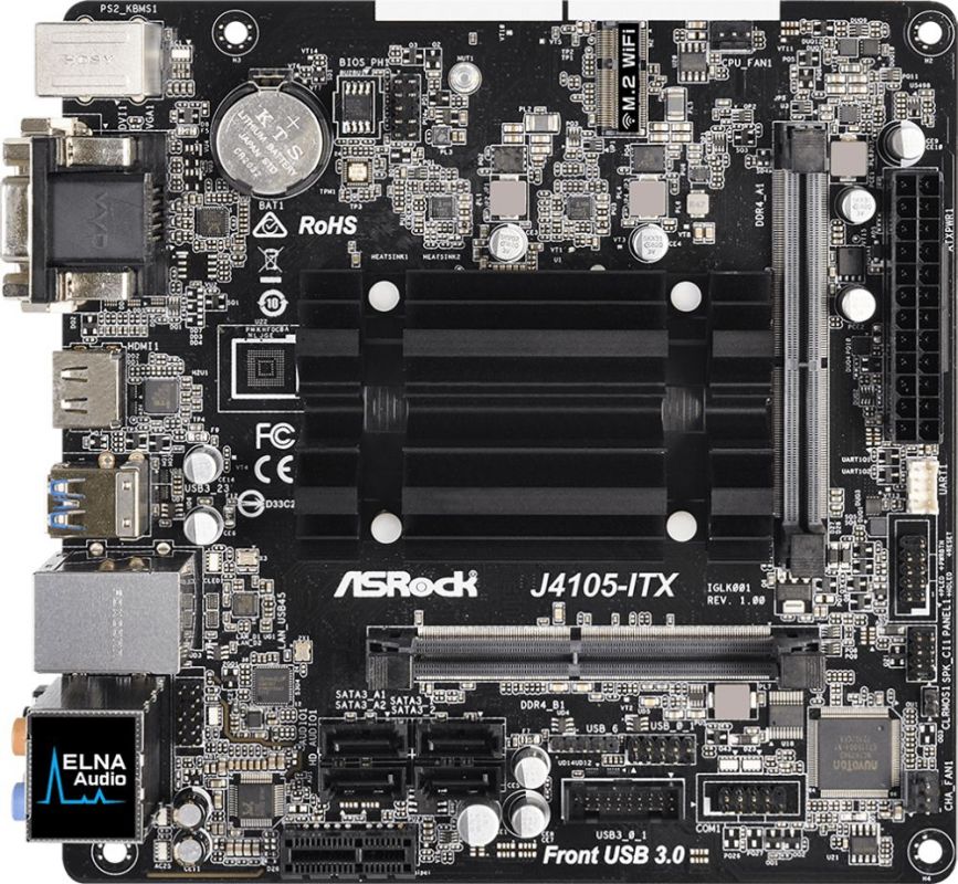 Материнская плата Asrock J4105-ITX 2xDDR4 mini-ITX AC`97 8ch(7.1) GbLAN+VGA+DVI+HDMI